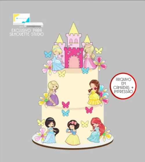 3467 - Arquivo Topo de Bolo Princesas Baby Aquarela Castelo