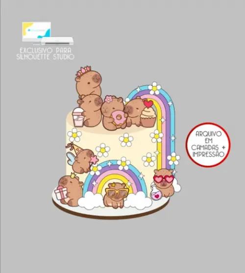 3469 - Arquivo Topo de Bolo Capivara Margaridas Arco-íris