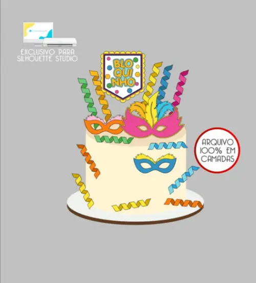3497 - Arquivo Topo de Bolo Carnaval Bloquinho Máscaras