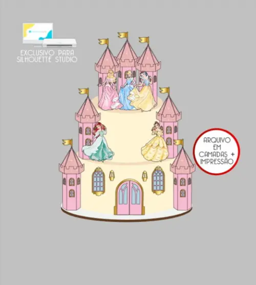 3517 - Arquivo Topo de Bolo Princesas Aquarela Castelos 3d