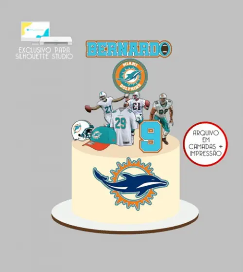 3522 - Arquivo Topo de Bolo Futebol Americano Miami Dolphins