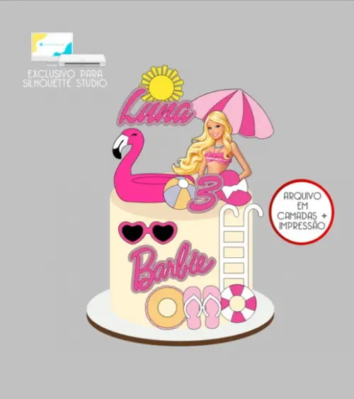 3529 - Arquivo Topo de Bolo Barbie Pool Party Praia