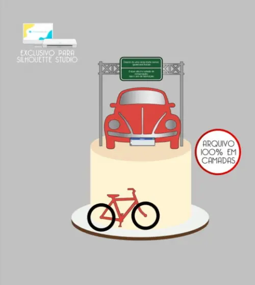 3528 - Arquivo Topo de Bolo Fusca e Bicicleta