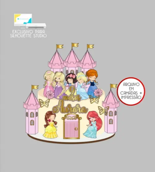 3544 - Arquivo Topo de Bolo Princesas Baby Aquarela Castelos