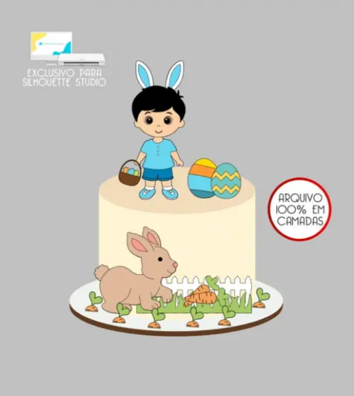 3575 - Arquivo Topo de Bolo Páscoa Menino Coelhinho