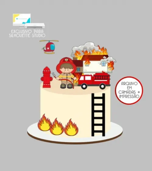 3594 - Arquivo Topo de Bolo Bombeiro Menino