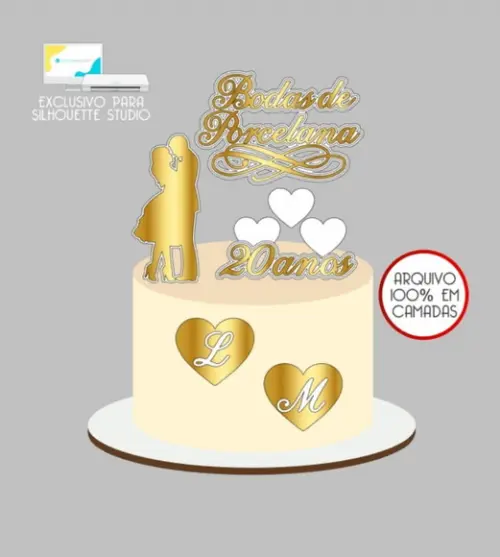 3624 - Arquivo Topo de Bolo Casamento Bodas de Porcelana
