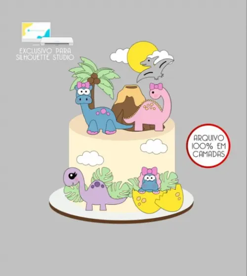 3732 - Arquivo Topo de Bolo Dinossauro Menina