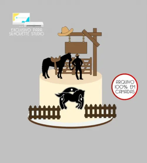 3819 - Arquivo Topo de Bolo Vaqueiro Cavalo Fazenda