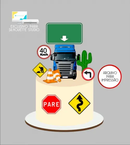 3865 - Arquivo Topo de Bolo Caminhão Carreta Placas Trânsito