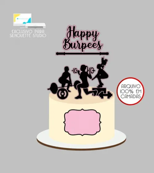 3953 - Arquivo Topo de Bolo Academia Mulher Happy Burpees
