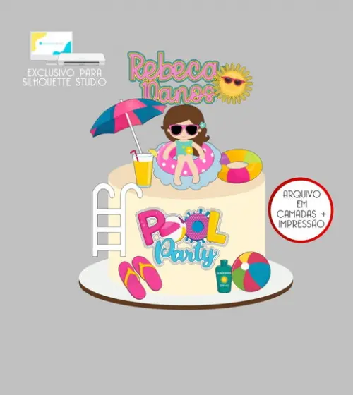 3991 - Arquivo Topo de Bolo Praia Pool Party Menina