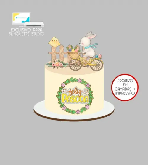 3998 - Arquivo Topo de Bolo Coelho Páscoa Bicicleta