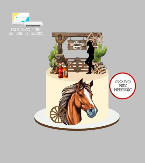 4057 - Arquivo Topo de Bolo Vaqueiro Cavalo Fazenda