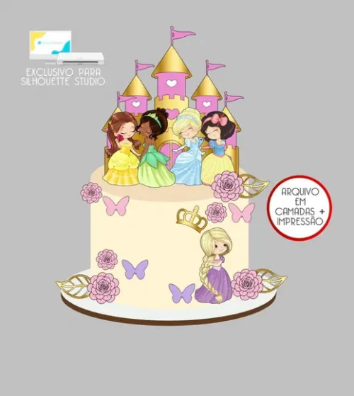 4097 - Arquivo Topo de Bolo Princesas Baby Aquarela Castelos