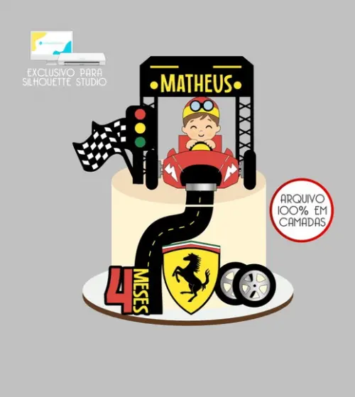 4149 - Arquivo Topo de Bolo Fórmula 1 Piloto Bebê Ferrari