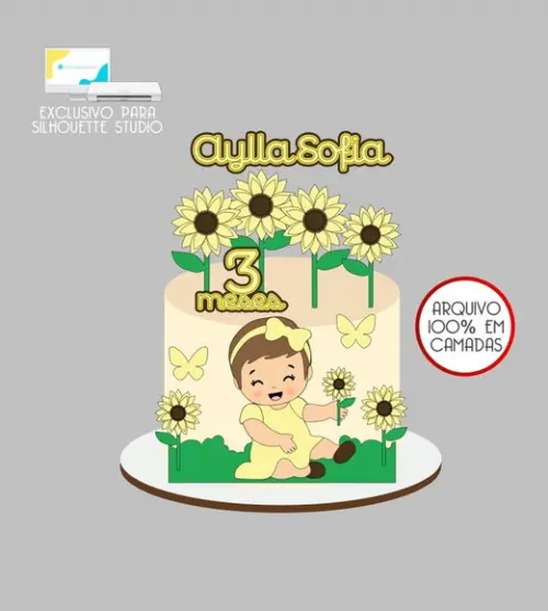 4167 - Arquivo Topo de Bolo Girassol Menina Baby