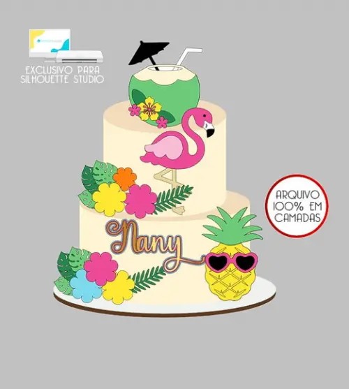 439 - Arquivo Topo de Bolo Flamingo Tropical