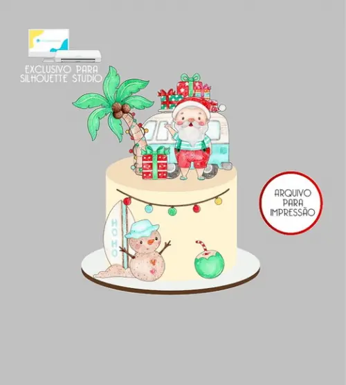 470 - Arquivo Topo de Bolo Natal Papai Noel Aquarela Praia