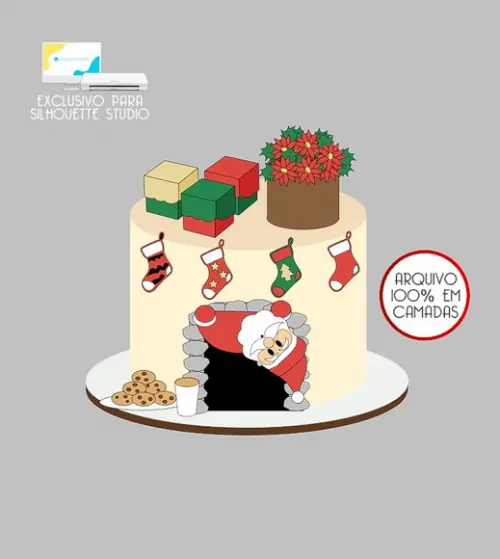 475 - Arquivo Topo de Bolo Natal Papai Noel Chaminé