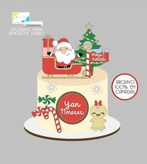 491 - Arquivo Topo de Bolo Natal Papai Noel Trenó