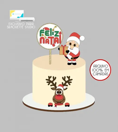 516 - Arquivo Topo de Bolo Natal Papai Noel Rena
