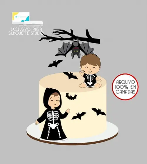 522 - Arquivo Topo de Bolo Halloween Meninos Esqueleto