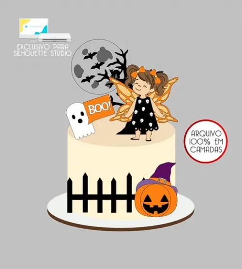 525 - Arquivo Topo de Bolo Halloween Menina Borboleta