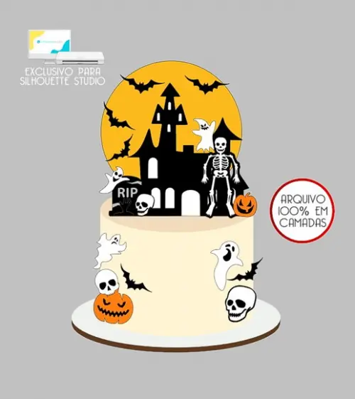 538 - Arquivo Topo de Bolo Halloween Esqueleto Caveira