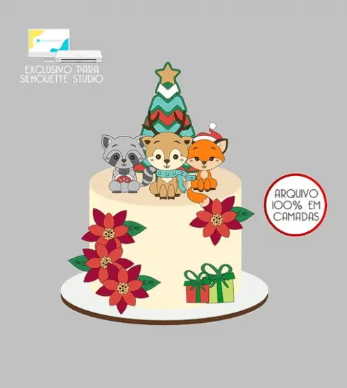 552 - Arquivo Topo de Bolo Natal Rena Raposa Guaxinim