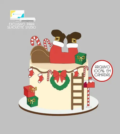 550 - Arquivo Topo de Bolo Natal Papai Noel Chaminé