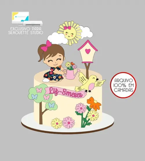 565 - Arquivo Topo de Bolo Jardim Encantado Menina Regador