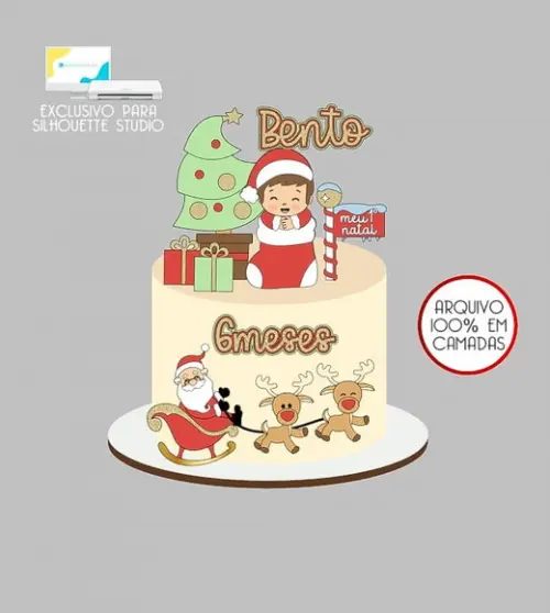 570 - Arquivo Topo de Bolo Natal Menino Papai Noel Renas