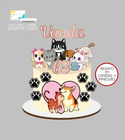 625 - Arquivo Topo de Bolo Cachorros e Gatos