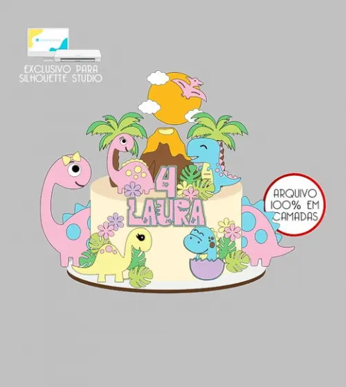 633 - Arquivo Topo de Bolo Dinossauro Menina