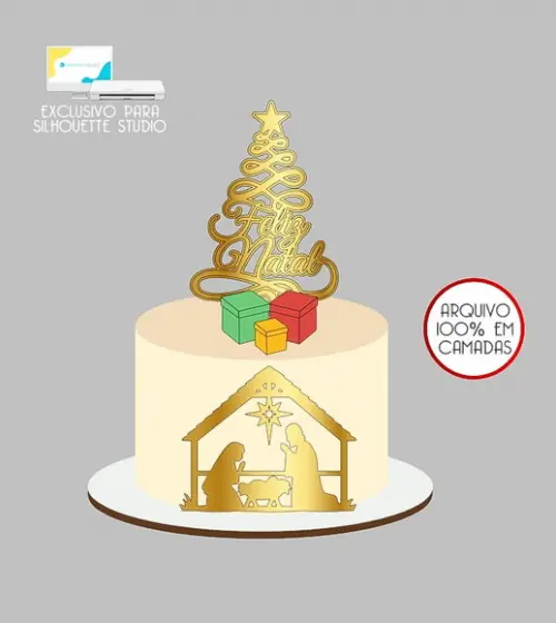 657 - Arquivo Topo de Bolo Presépio Feliz Natal Presentes