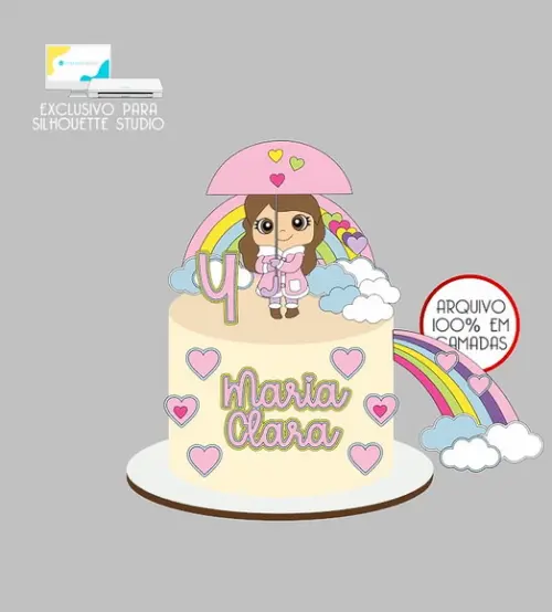 682 - Arquivo Topo de Bolo Chuva de Amor Menina Guarda-chuva