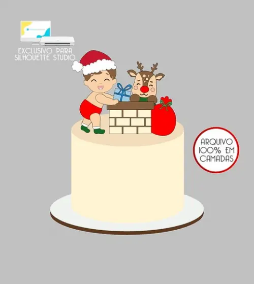 706 - Arquivo Topo de Bolo Natal Menino Chaminé Rena
