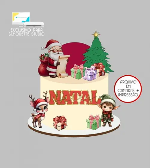 702 - Arquivo Topo de Bolo Natal Papai Noel Rena