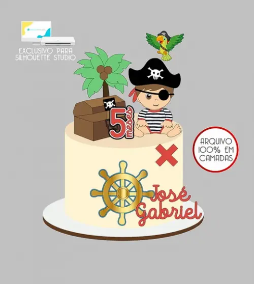 867 - Arquivo Topo de Bolo Pirata Baú 3d