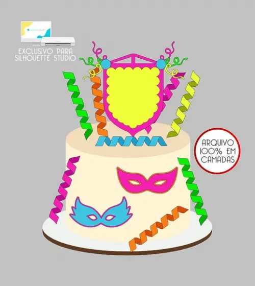864 - Arquivo Topo de Bolo Carnaval Máscaras