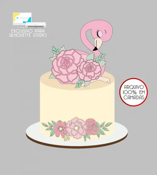 887 - Arquivo Topo de Bolo Flamingo Flores