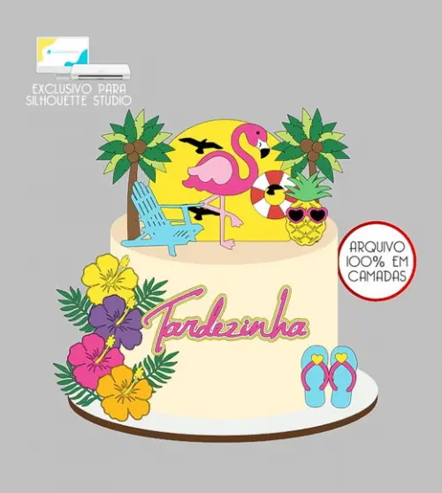 912 - Arquivo Topo de Bolo Praia Tardezinha Flamingo
