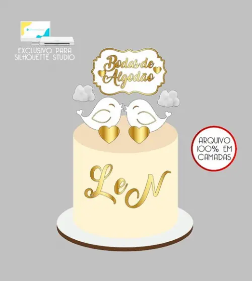 948 - Arquivo Topo de Bolo Casamento Bodas de Algodão