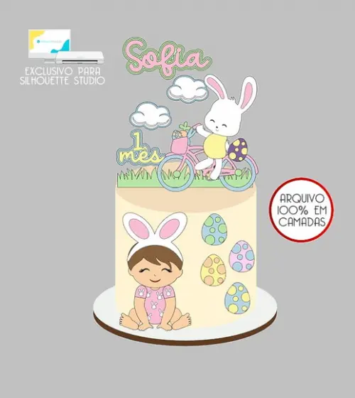 957 - Arquivo Topo de Bolo Coelho da Páscoa Bicicleta Menina