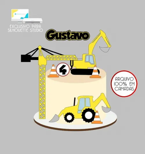 951 - Arquivo Topo de Bolo Trator Escavadeira Construção