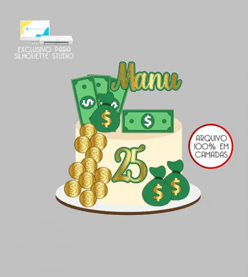 976 - Arquivo Topo de Bolo Dinheiro Moedas Dólar