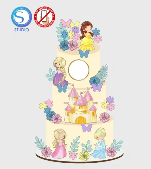 4321 - Arquivo Topo de Bolo Princesas Baby Aquarela Flores