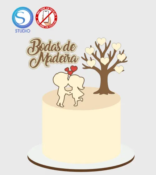 4347 - Arquivo Topo de Bolo Casamento Bodas de Madeira