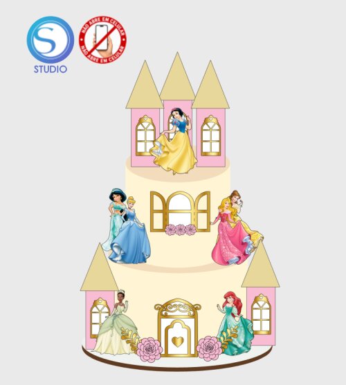 4388 - Arquivo Topo de Bolo Princesas Disney Castelos 3D